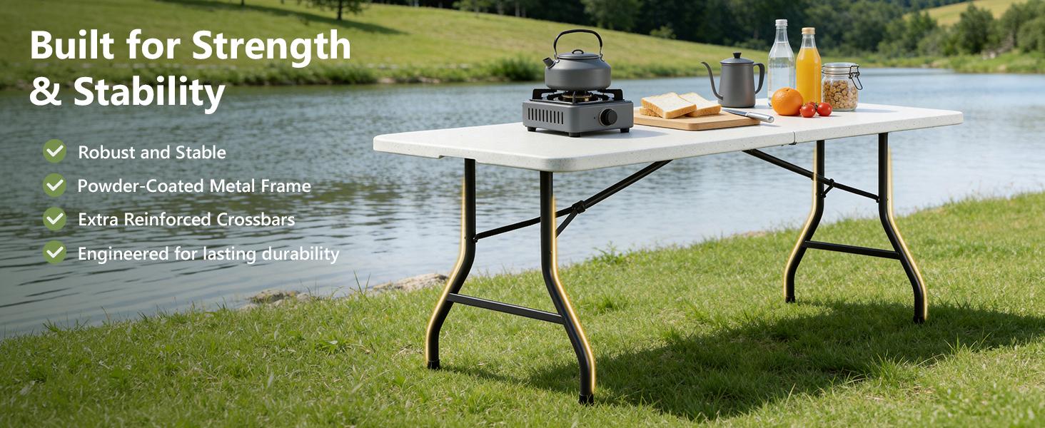 Make Changes  6 Feet Foldable Table with Carrying Handle, Heavy Duty Portable Fold-in-Half Utility Table for Party, Camping, Banquet, Craft, Wedding, Indoor & Outdoor Use