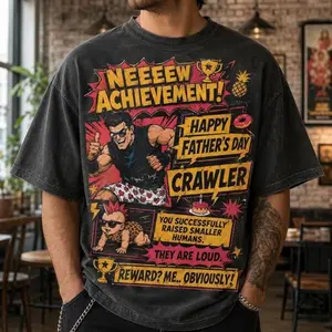 New Achievement Father's Day Shirt, Dungeon Crawler Carl Dad Tee, Dad Achievement T-Shirt, Funny DCC Fan Shirt, LitRPG Game Lover Dad Shirt Classic Street Style Gift for Birthday Holiday Christmas Halloween Unisex