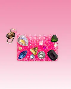 Women's Beaded Look Crown Jewel Cardholder - Pink, Mixed Gems, Clasp Closure