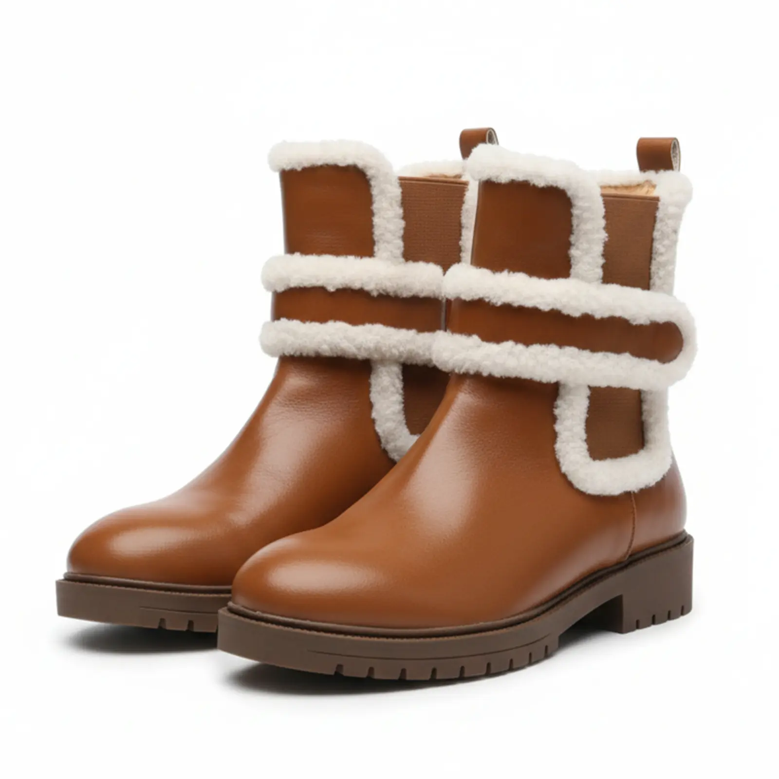 Women's Stylish Plain 3cm Cuban Block Heel Waterproof Fur Platform Rain Boots - 2025 New, Round Toe, Non-slip, Plush Ankle, Faux Leather Upper, Synthetic Rubber Sole Outdoor Footwear, Leather & Faux Leather