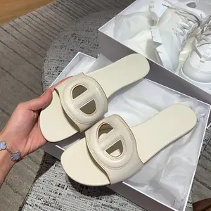 Sheepskin Version ~ Pig Nose One-Word Slippers for Women Summer Outdoor Genuine Leather Flat Half Slippers Soft Sole Beach Sandals Shoe Footwear Girl Slide slippers women Tsinelas Kitchen slippers women