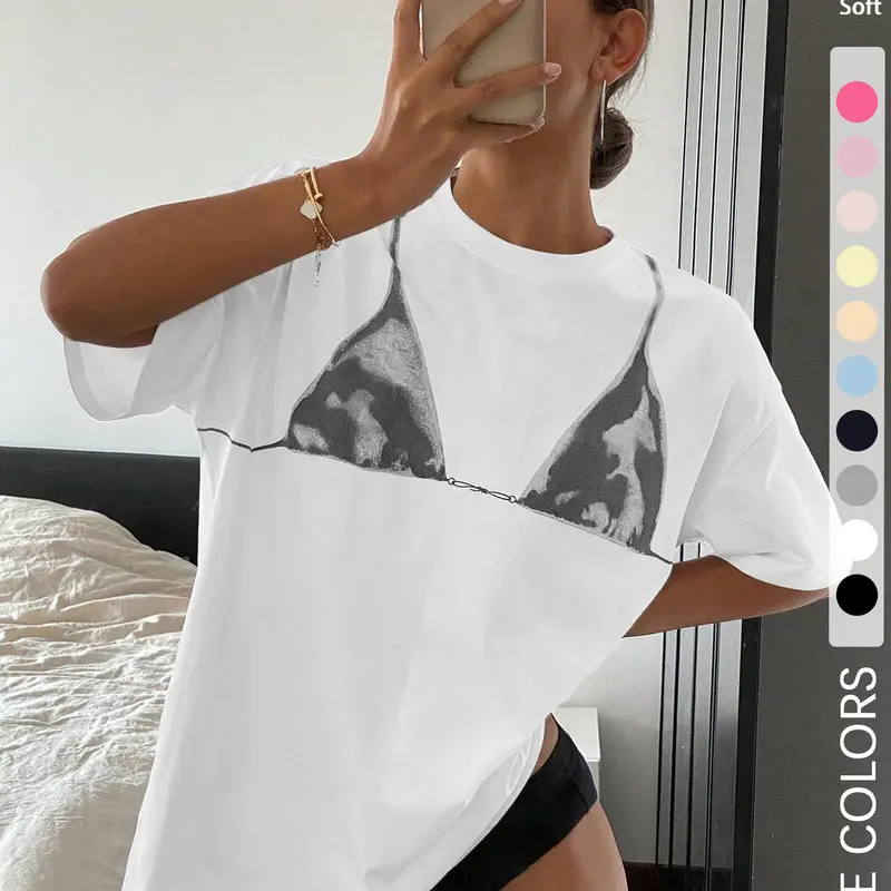 Women's Bra Print Round Neck Tee, Casual Fashion Baggy Loose Oversized Lightweight Breathable Short Sleeve T-shirt for Everyday Wear, Ladies Summer Clothes, Top