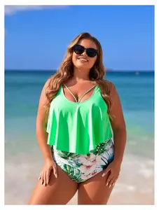 Plus Size Swimsuit Womens Two Piece, High Waisted Tankini Top with Flounce Bikini Bottoms, Swimsuits for Women, Modest Bathing Suits for Curvy Women, Comfortable Swimwear