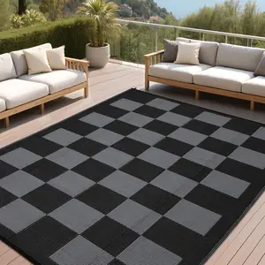 Outdoor Rug, Large Waterproof Reversible Plastic Straw Mat, Foldable Lightweight Camping Carpet, UV-Resistant Geometric Plaid Area Rug for Patio, RV, Picnic, Porch, Deck, Beach