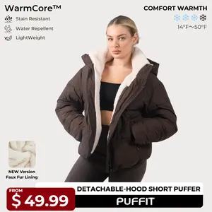 【Last Sale】PUFFIT WarmCore Premium Short Puffer Jackets with Removable Hood & Optional Faux Fur Linging, Lady Casual Outerwear Longsleeves Zip Pockets Warm Quilted Coat