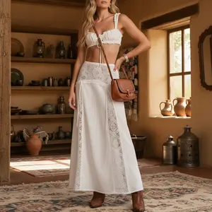 Women 2 Piece Cover Up Set Tie-up Cami Tops and Patchwork Lace Low Rise Long Skirt for Beach Party