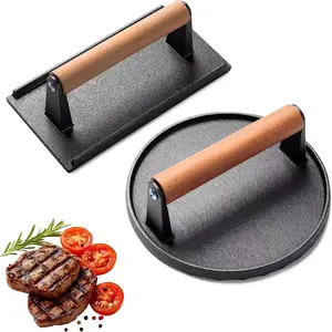 2Pcs Cast Iron Press Set | Smash Burger + Bacon Press with Wood Handles | Heavy-Duty Flat Bottom for Griddle, BBQ, Paninis, Steak | Includes Cleaning Pad | Must-Have for Blackstone Flat Top Cooking