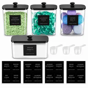 4 Pack Laundry Pods Container, Clear Laundry Room Organization Containers,Large Laundry Detergent Powder Storage Containers Black Wooden Lids & Labels, Acrylic Laundry Pods Holder for Scent Booster