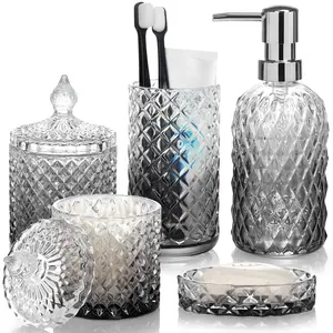 Bathroom Accessories Set, 5Pcs Bathroom Soap Dispenser Set, Glass Bathroom Accessories with Glass Soap Dispenser, Soap Dish, Toothbrush Holder, Tumbler, Qtip Holder