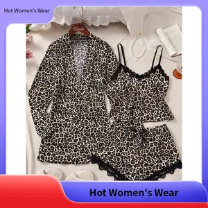 【Hot Women's Wear】3pcs Leopard Print Pajama Set for Women, Long-sleeved Robe & V-neck Contrast Lace Camisole & Bow Shorts, Elegant Loungewear Sleepwear Spring Summer