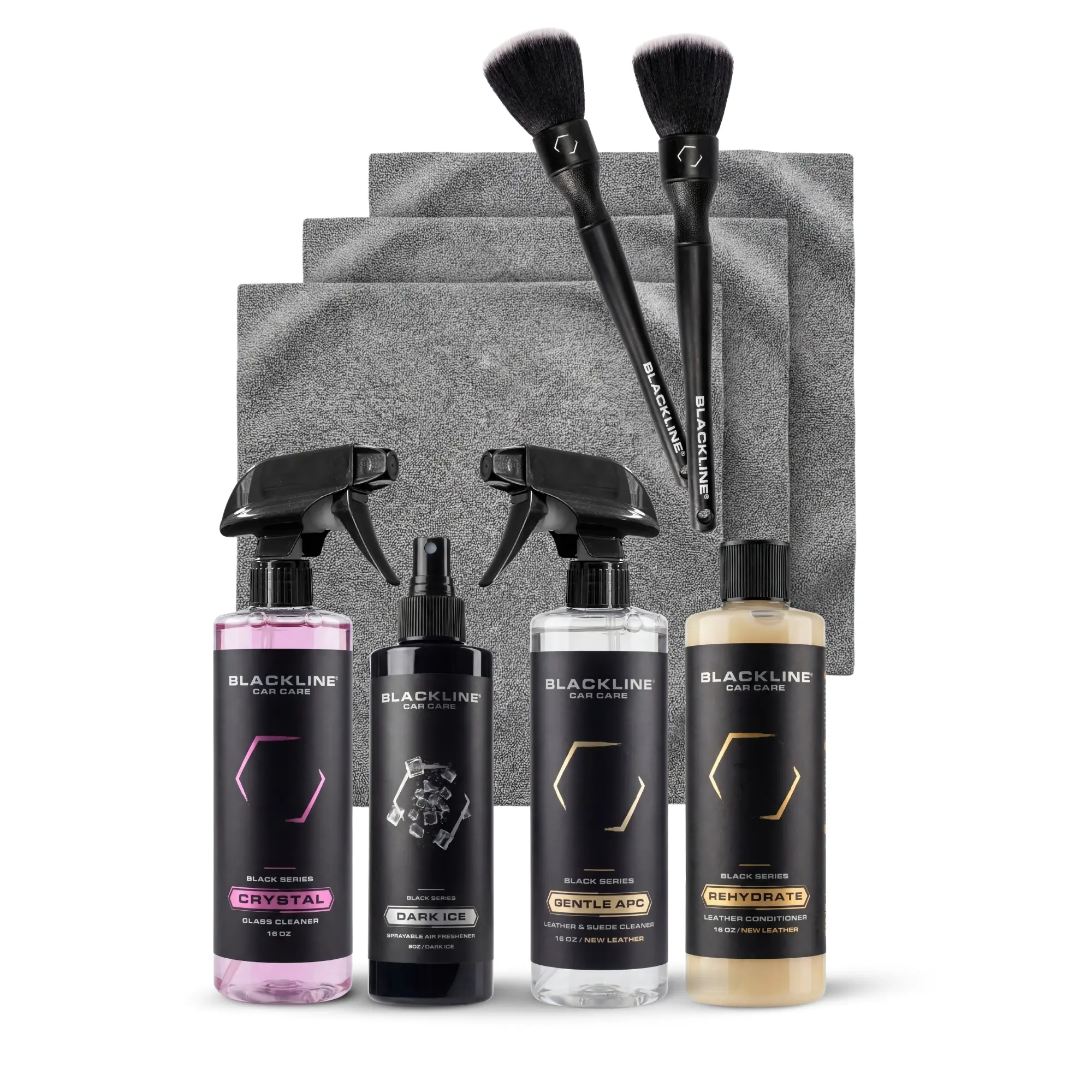 BLACKLINE Pre-Bundled Car Cleaning Kit – Complete Interior Car Care Kit with Surface Cleaner, Leather Conditioner, Glass Cleaner, Microfibers, Brushes, Vanilla Bean & Teakwood Air Freshener