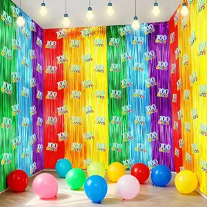 4 Pack 100th Day of School Backdrop Decoration 3.3x6.6 ft 100 Days Rainbow Foil Fringe Curtains Rainbow Banner Decoration Photography Background for School Party Supplies