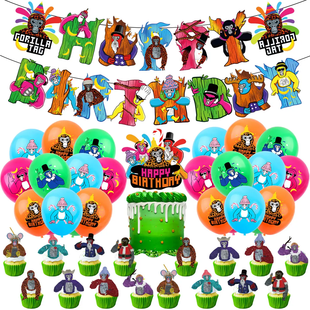Gorilla Tag Theme Birthday Party Gorilla VR Game Pull Flag Balloon Cake Insert Decoration Set