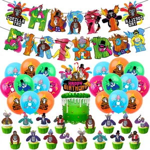 Gorilla Tag Theme Birthday Party Gorilla VR Game Pull Flag Balloon Cake Insert Decoration Set