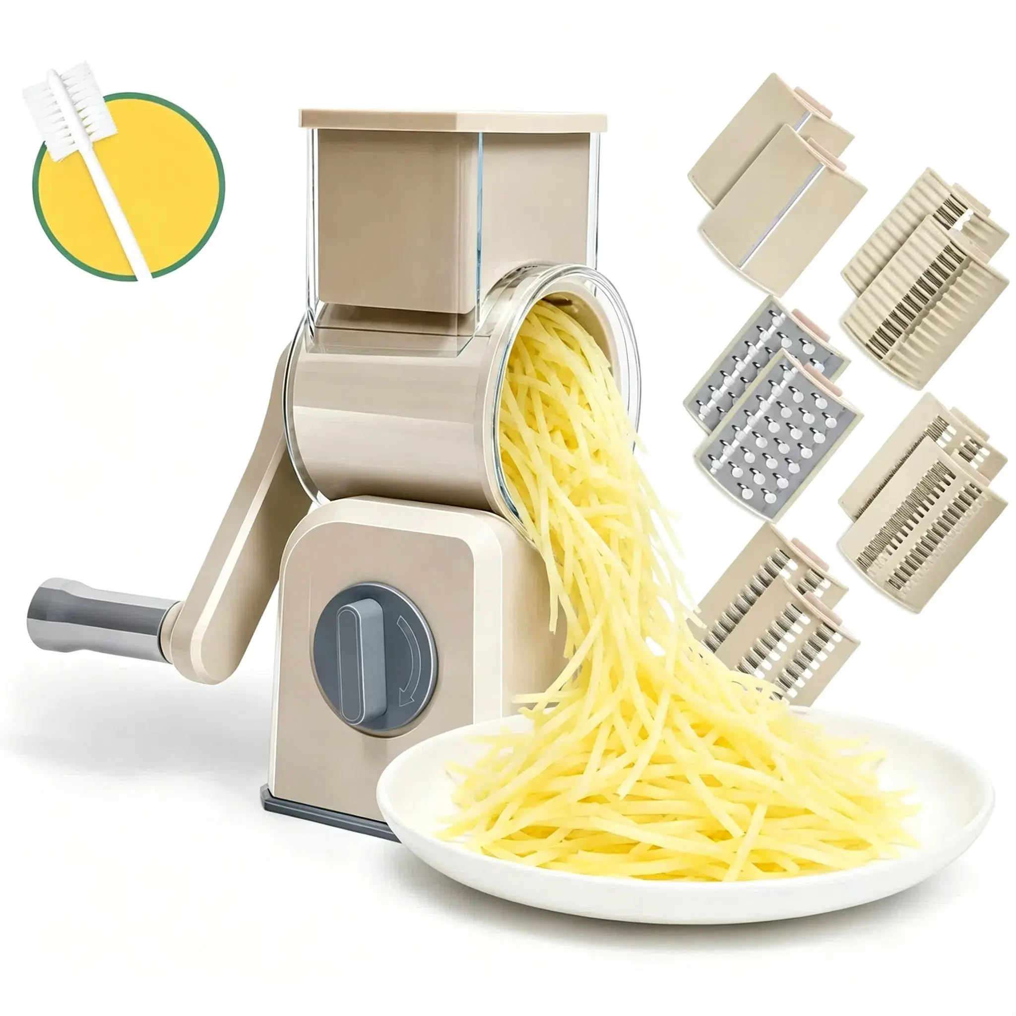 Rotary Cheese Grater with Handle - Kitchen Utensils Upgraded Large Capacity Mandoline Cutter, 5 Stainless Steel Drum Blades, Strong Suction Cup Base, Easy to Clean for Cheese, Potato, Vegetables