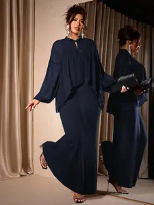 Plus Size Stand Collar Pleated Batwing Sleeve Layered Top + Drapey Maxi Skirt Set, Perfect for Evening Parties and Light Gatherings, Womenswear