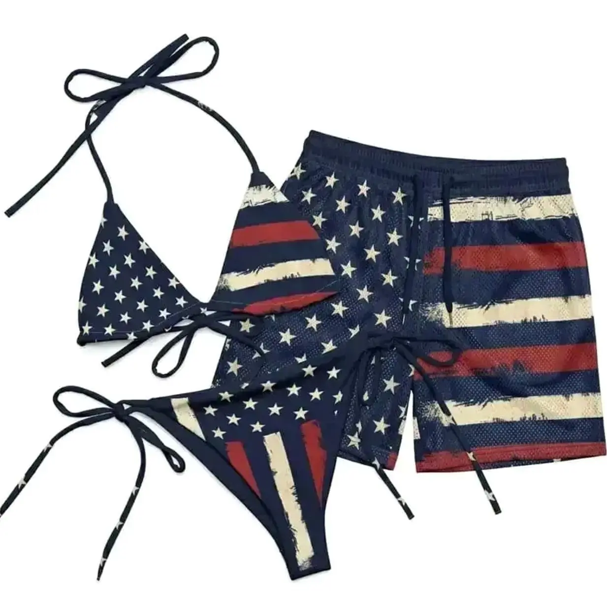 4th of July Camo Couples Swimwear Set – BF & GF Matching Bikini & Shorts, Duck Camo Print, Patriotic Beach Pool Party Outfit, Trendy Summer Vacation Wear
