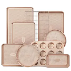 9-Piece Baking Pans Set Nonstick, Stackable Non Toxic Bakeware Sets with Diamond Texture, Oven Pan Set for Cooking, Includes Cookie Sheet with Rack, Cake Pan, Roasting Pan, Muffin Pan, Gold