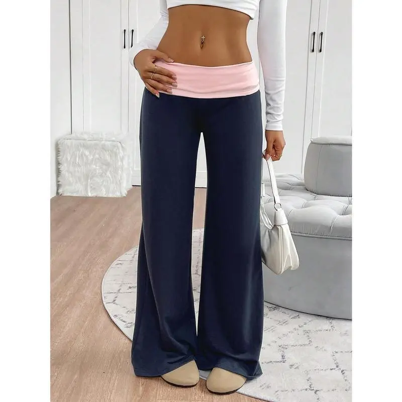 Women's Rib-Knit Sweatpants - Contrast Foldover Elastic Waist, Casual Extra Long Straight Leg Lounge Pants, Women's Clothes, Clothes For Women