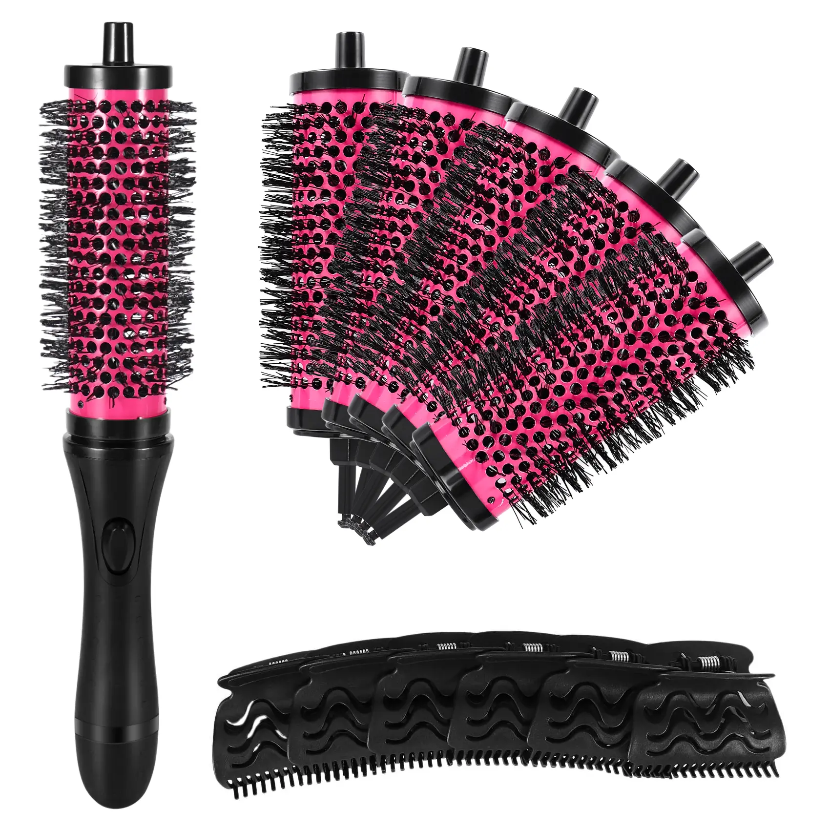 Unisex 6-Piece Ceramic Round Hair Styling Roller Brush Set - Detachable Non-Slip Handle, 35mm/40mm Aluminum Barrels, Nylon Bristles, Clips, Heat Protection, Volumizing Waves, Anion Release, ABS, For All Hair Types, Thermal Tool