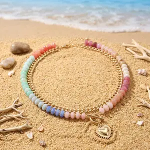 Summer dopamine colored bead necklace, personalized double-layer layered heart-shaped pendant necklace, women's collarbone chain, suitable for women's gift jewelry
