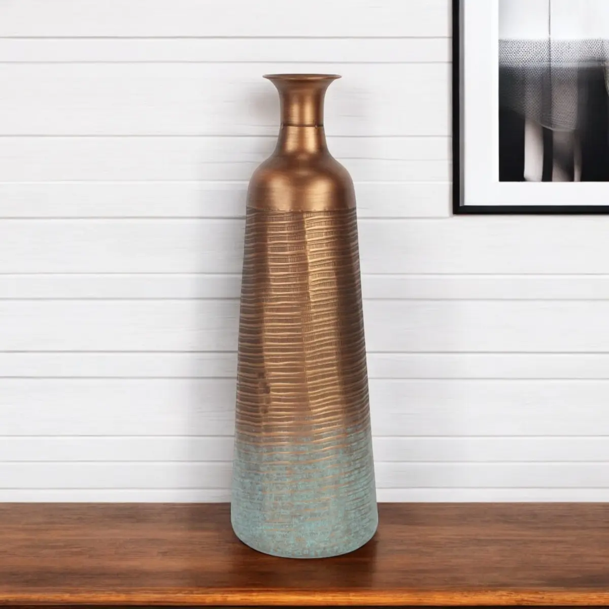 HomeRoots 571654 24 in. Rustic Antique Copper & Teal Abstract Tapered Metal Table Vase - Decorative, Artistic Design Home Decor Centerpiece, Decorative Vases, Artistic Design Vases