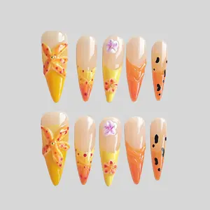 Nail Plus Tropical Summer Vibes, Long Stiletto 10PCS Press On Nail Set, Orange Yellow 3D Flower Design, Gradient Flame Tips, Jelly Tabs & Buffer Included, for Beach Vacations & Pool Parties, Bright Eye-Catching Look Xs