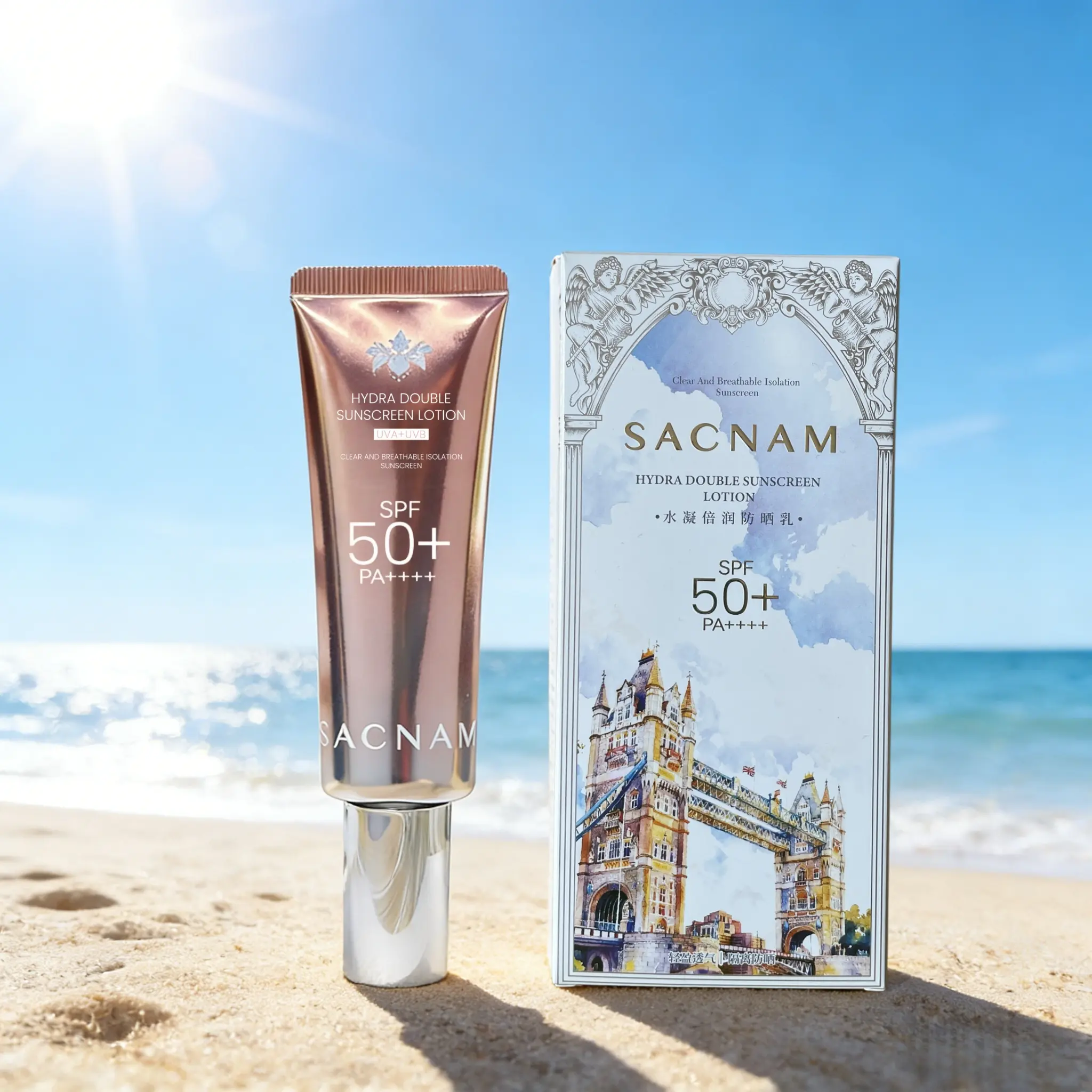 SACNAM Sun Tinted Age Defense Face Sunscreen Lotion SPF 50 with Hyaluronic Acid, Tinted Sunscreen for Face, Blendable Tint for All Skin Tones, Non Comedogenic and Hypoallergenic