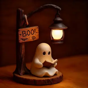 Halloween Figurine Lamps, Cute Ghost Lamp Statue Night Light, Ghost Reading Book Design, Indoor Party Decor, Home Decorations