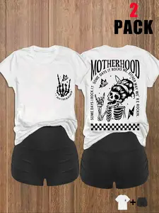 Women's Skeleton & Letter Print Short Sleeve Tee & Skinny Shorts Two-Piece Set, Casual Fashion Set, Matching Outfit Set, Matching Clothing Set, Casual Round Neck Crewneck T-shirt & Shorts for Daily Wear, Ladies Summer Clothes, Suits, Womenswear