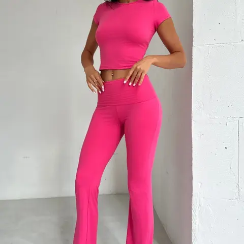 Women's 2-Piece Pants Set - Round Neck Short Sleeve Top, Flip Waist Comfy Pants, Soft No-Scratch Fabric, Casual Outfit Set for Women's Everyday Wear, Clothes For Women