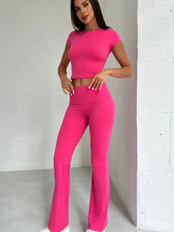 Round Neck Short Sleeve T-Shirt Top Flip Waist Pants Set Womenswear Comfort Blue Spandex