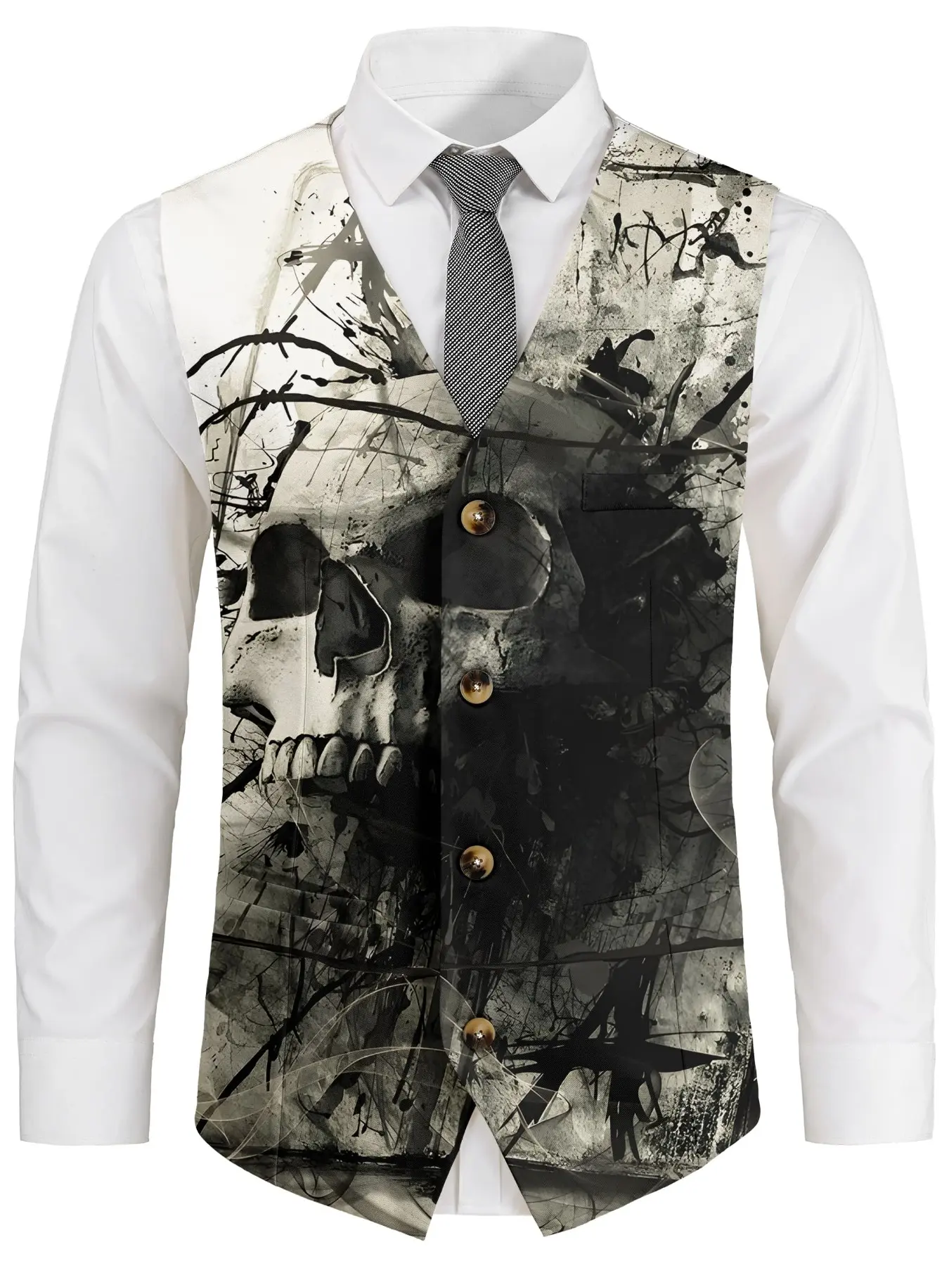 Men's Dark Skull Ink 3D Digital Print Suit Vest, Single-Breasted Slim Fit V-Neck Backless Punk Party Casual Gilet
