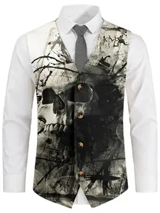 Men's Dark Skull Ink 3D Digital Print Suit Vest, Single-Breasted Slim Fit V-Neck Backless Punk Party Casual Gilet