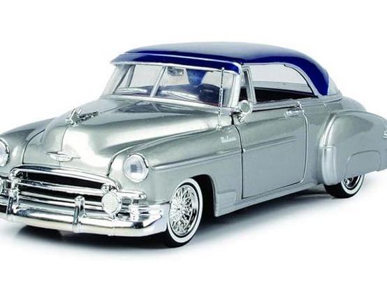 1950 Chevy Bel Air Lowrider Silver Metallic with Blue Metallic Top Get Low Series 1/24 Diecast Model Car by Motormax