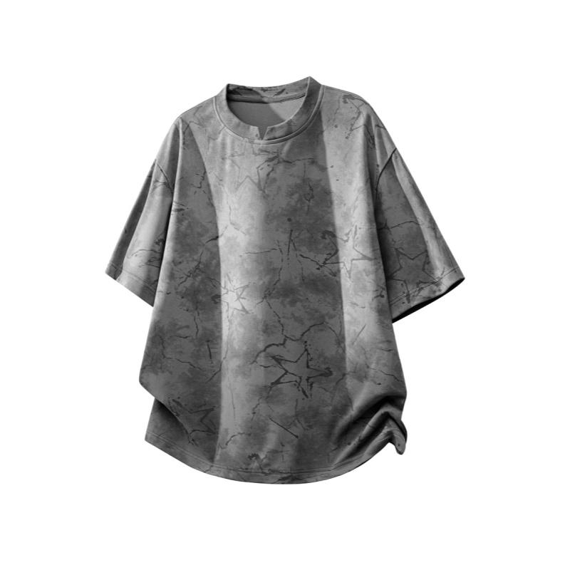 Men’s American tie-dye V-neck printed T-shirt with dropped shoulders and short sleeves; lightweight knit top for summer—breathable, trendy, versatile casual wear for everyday use and outdoor sports; Y2K style.