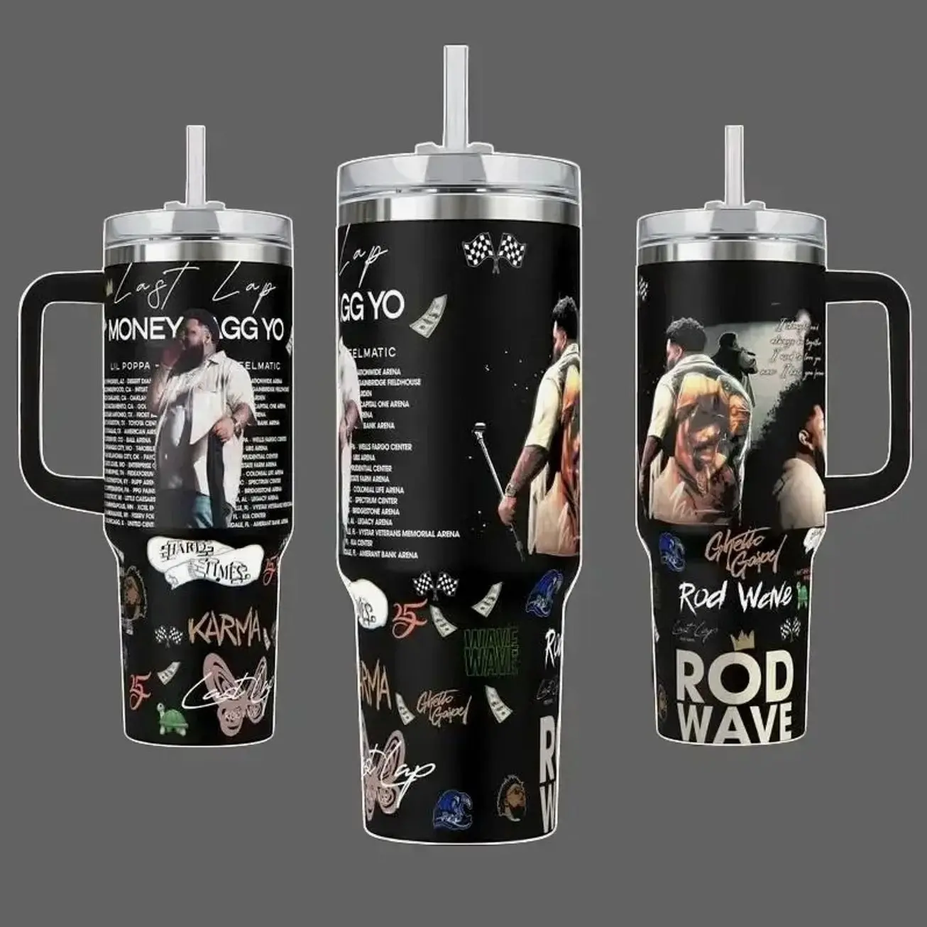 Rod Wave Last Lap Tour 40 oz Vacuum Insulated Tumbler with Handle Straw Money GGG YO Concert Graphic Stainless Steel Travel Mug for Hip-Hop Fans Rap Music Lovers Dark Merch Gift
