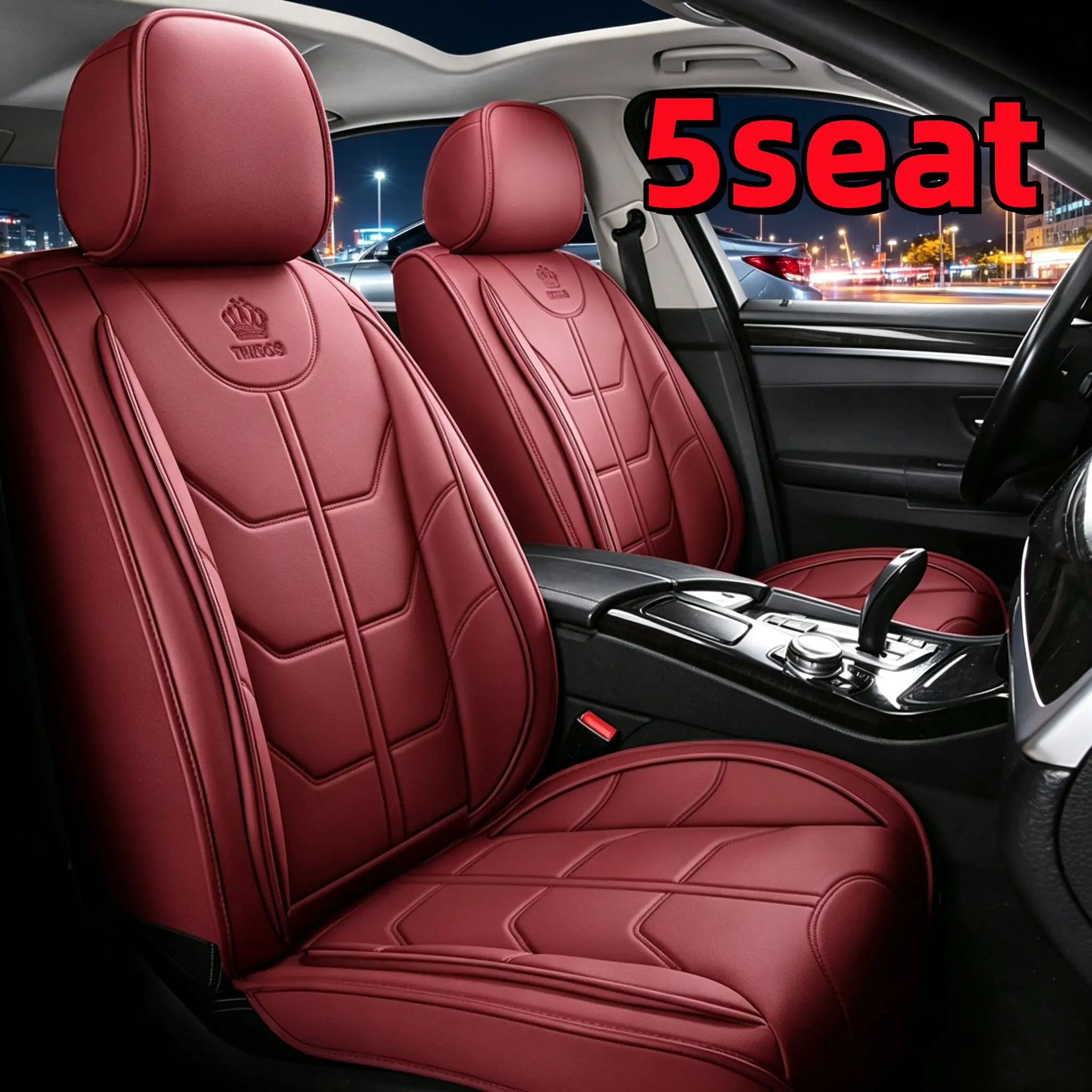 Leather Automotive Seat Cover Luxury Crown Embroidery PU Leather Car Seat Covers, Universal Fit for Sedan & SUV, Automotive Full Seat Cushion Set