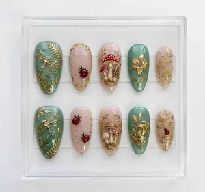 Handmade Enchanted Forest Press On Nails | Mushroom, Dragonfly, Ladybug & Gold Filigree | Almond Nails For Whimsigoth Fairycore Vibe
