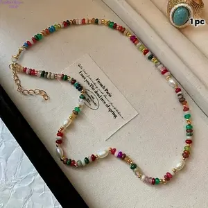 2026 Multicolor Beaded Pearl Necklace, Natural Stone & Freshwater Pearl Choker, Handmade Colorful Gemstone Chain, Minimalist Ethnic Jewelry for Women, Perfect Daily Casual Accessory & Gift