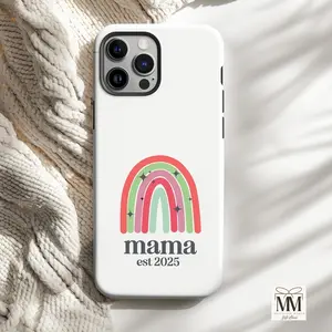 Custom Mama Aesthetic iPhone Case For Apple iPhone 16 Pro Max, iPhone 15 14 13 12 11 Pro Max, Rainbow Boho Phone Cover For New Mom, Mama Est