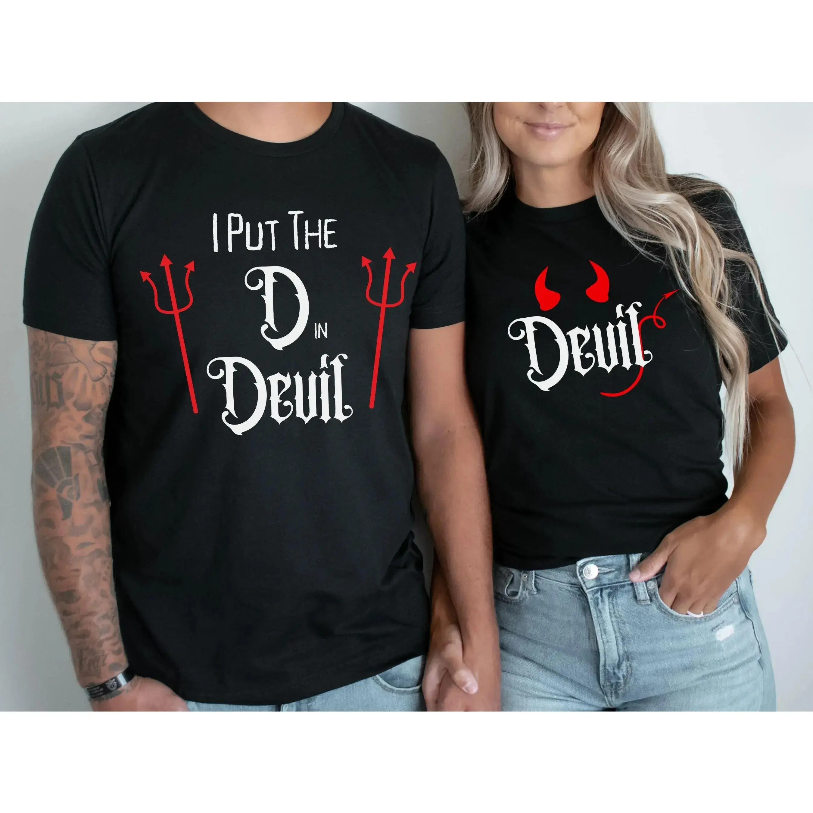 Women's Couple Matching Halloween Holiday Clothes Set, Funny Couple Outfits, His and Her Boo Graphic Print Short-Sleeve Round-Neck Cotton T-Shirts for Parties, Casual, Shortsleeve, Matching Set, Casual Wear, Machine Washable, Airlume Cotton