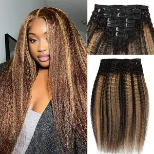 Kinky Straight Clip-in Hair Extensions - 100% Real Human Hair, 7Pcs, 100g Seamless, TP1B/27, 12 Inch for Black Women
