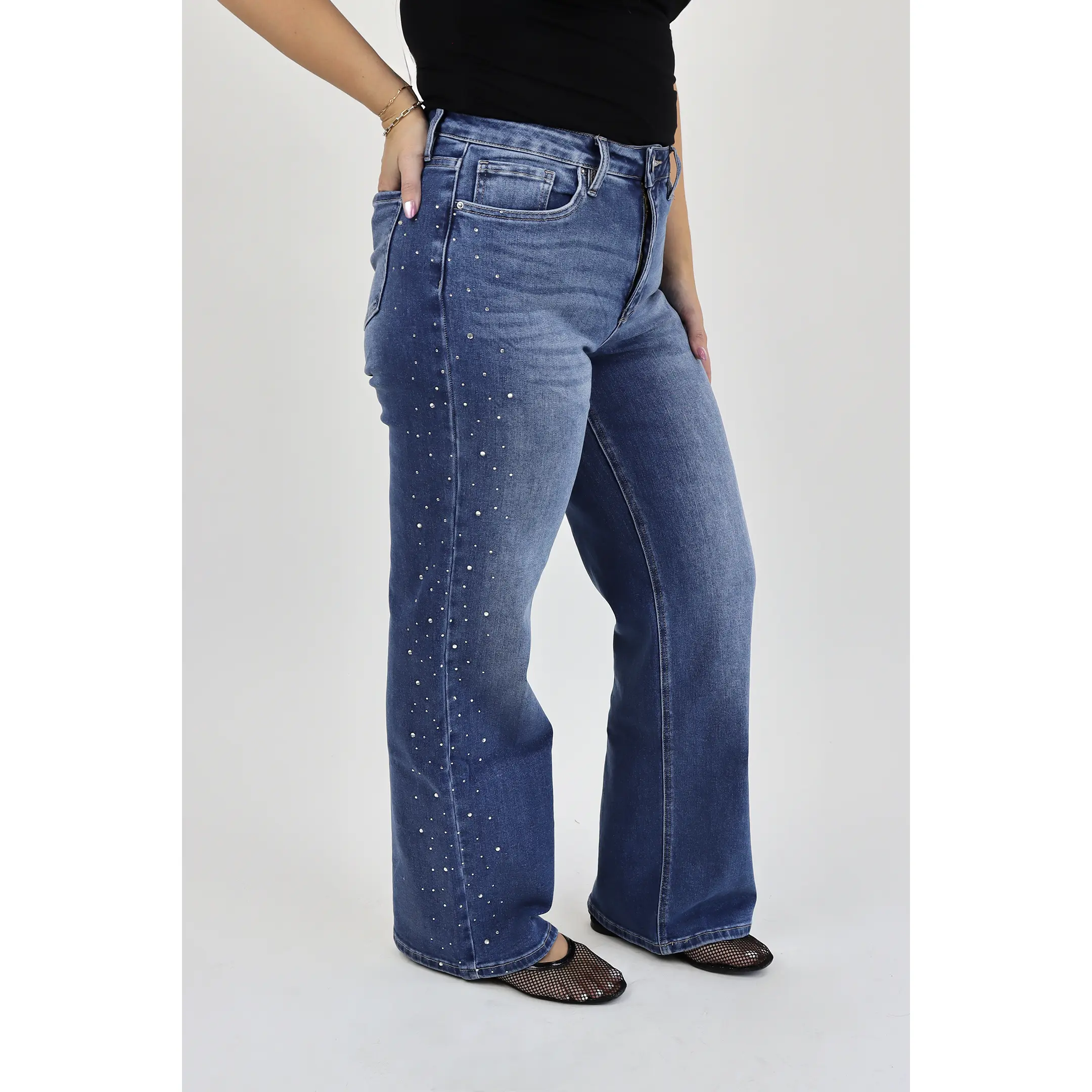 Tummy Control Wide Leg Jeans - Medium Wash - Rhinestones
