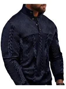 Men's jacquard material fashionable and casual long-sleeved polo for spring, autumn, and winter, vintage-buttoned small stand-up collar long-sleeved knitted sweatshirt, elastic hem ribbed spliced ​​outdoor sports henley shirt, Knitwear