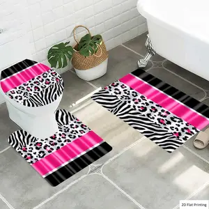 1/3Pcs Stylish with Leopard and Zebra Prints Bathroom Mat Set, Flannel Non Slip Bath Rug, Toilet U-Shape Mat, Toilet Lid Cover, Thickened Soft Absorb Water, Microfiber Surface Memory Foam Cushion, Home Bathroom