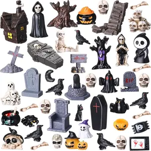 48 Pcs Halloween Miniatures Figurines Village Mini Resin Halloween Village Ornaments Crafts Crow Horror Figurines Tombstones Skeleton Pumpkin Ghost for Party Favors, Tabletop Decor Gifts