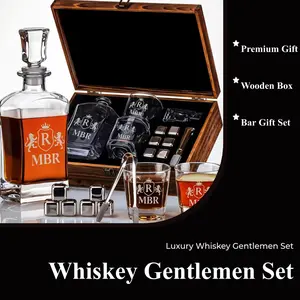 Whiskey Gentleman Set , Glasses, & Accessories in Elegant Wooden Box - MBR Design Utensils Jiggers Container Spoons Shaker Scale