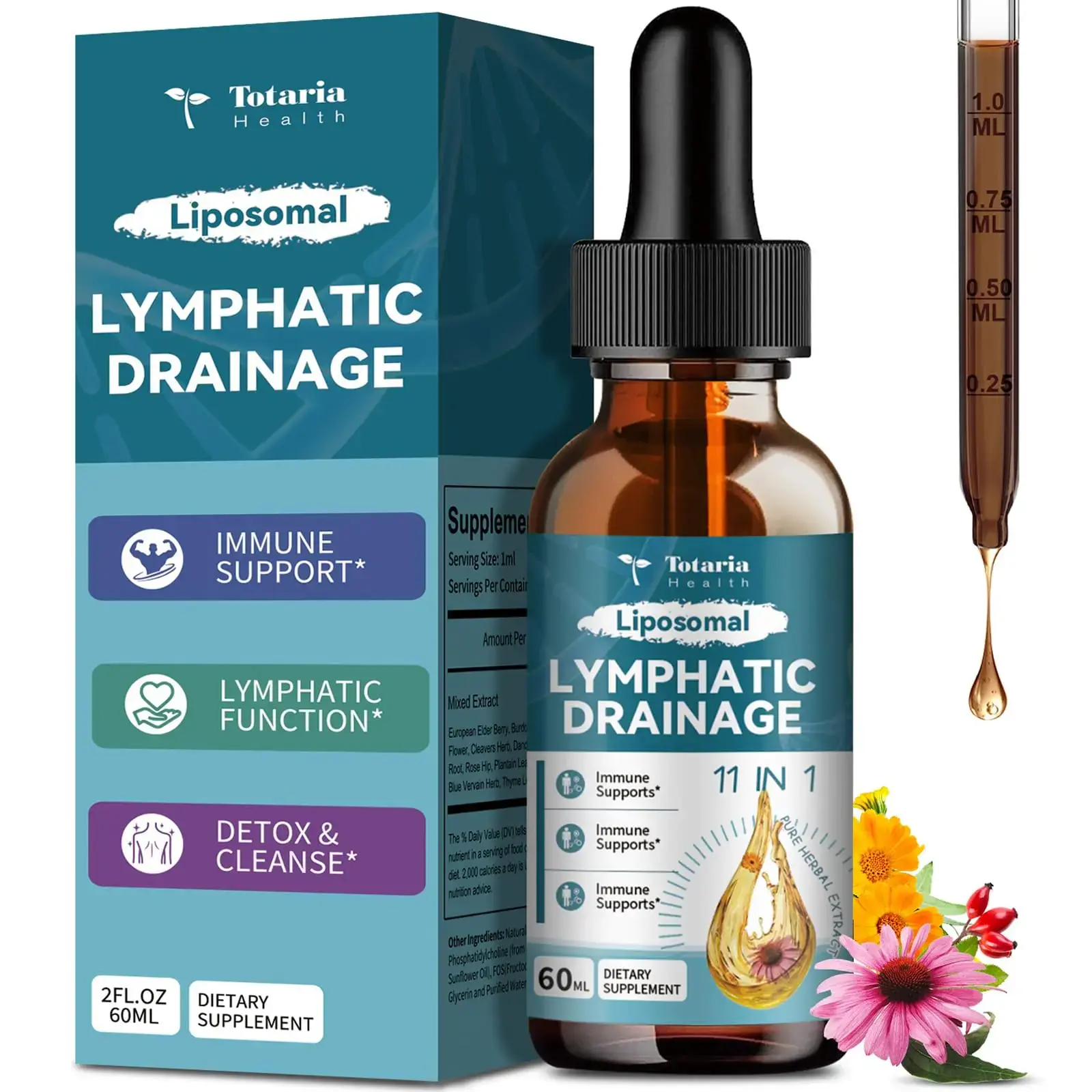 Totaria Liposomal Lymphatic Drainage Drops - 11 In 1 Organic Supplement with Burdock Root, Echinacea, Elderberry, Calendula, Cleavers Herb, Dandelion Supports Lymphatic Health 2 FL.OZ Healthcare Natural