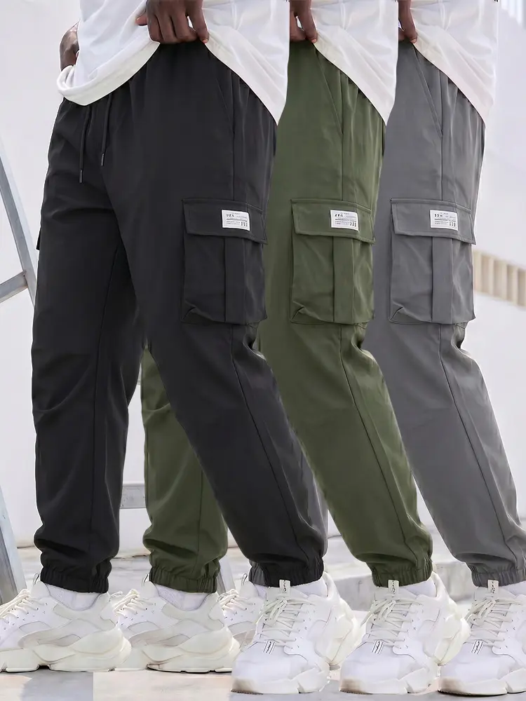 Men’s Urban Streetwear Cuffed Cargo Pants, Relaxed Fit, Elasticated Ankle Cuffs & Functional Pockets